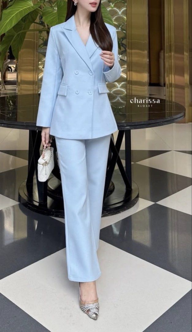 BNWT Premium Sky Blue Suit Set Blazer Trousers (Category: Sets or Coordinates) located in Manila. Submitted by style.chambers (Listing ID 1423097372, Image 2). Description: Charissa Sky Blue Suit Set. Includes blazer and pants. Double-breasted blazer with real pockets and lining. Slight flare pants. Made with wrinkle-resistant woven fabric. Premium fabric, Zara quality Bought in Bangkok Large chest 36” waist 30” hips 40”.