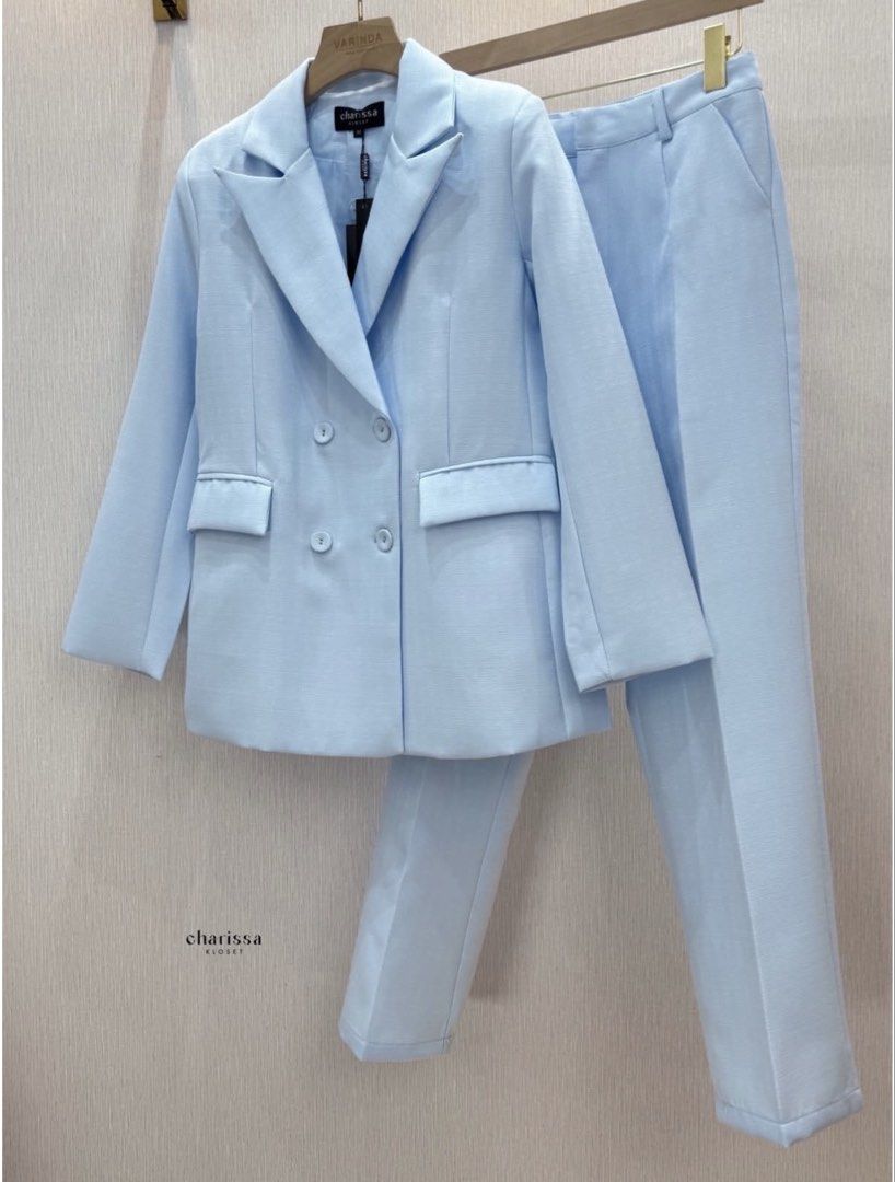 BNWT Premium Sky Blue Suit Set Blazer Trousers (Category: Sets or Coordinates) located in Manila. Submitted by style.chambers (Listing ID 1423097372, Image 1). Description: Charissa Sky Blue Suit Set. Includes blazer and pants. Double-breasted blazer with real pockets and lining. Slight flare pants. Made with wrinkle-resistant woven fabric. Premium fabric, Zara quality Bought in Bangkok Large chest 36” waist 30” hips 40”.