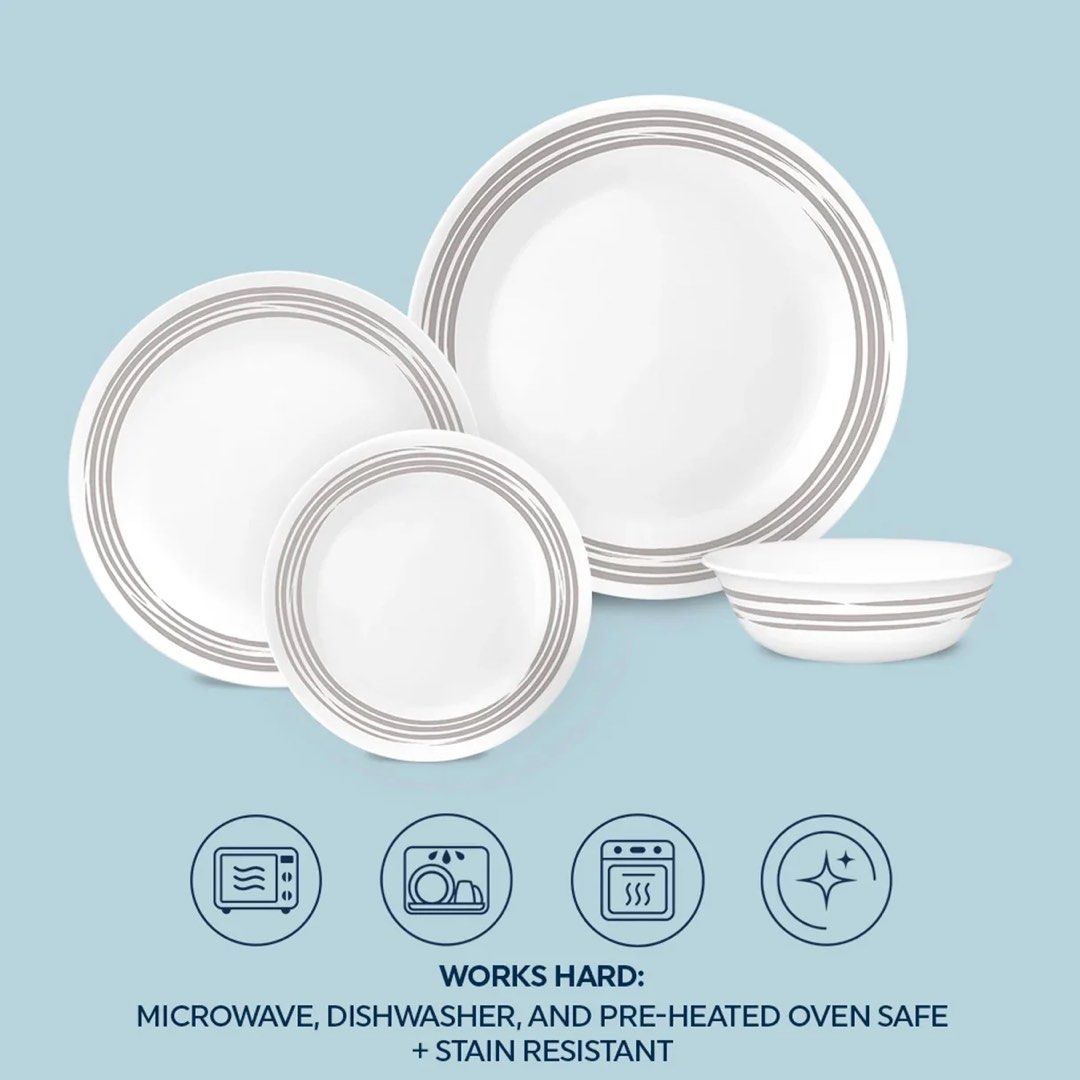Corelle Dinnerware 16-pc Set (Category: Dinnerware & Cutlery) located in Pasig City. Submitted by pixiedust78 (Listing ID 1423255354, Image 2). Description: Corelle 16-pc dinnerware set Design: Brushed Silver Includes: 4 dinner plates 4 salad plates 4 appetizer plates 4 bowls .