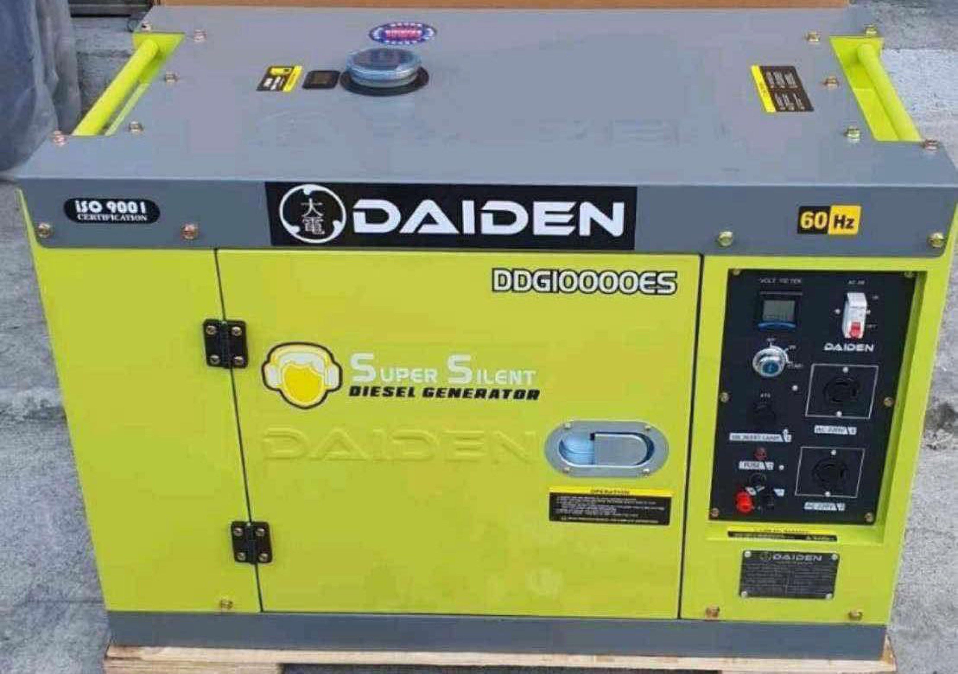 Daiden Super Silent Diesel Generator DDG10000ES (Category: Home Improvement Tools & Accessories) located in Caloocan City. Submitted by electronicsandappliances1 (Listing ID 1423253160, Image 1). Description: Daiden Super Silent Diesel Generator. Model DDG10000ES. Features a 60 Hz frequency. It has a control panel with various indicators and outlets. The generator is enclosed in a yellow and gray casing with the Daiden logo prominently displayed.
