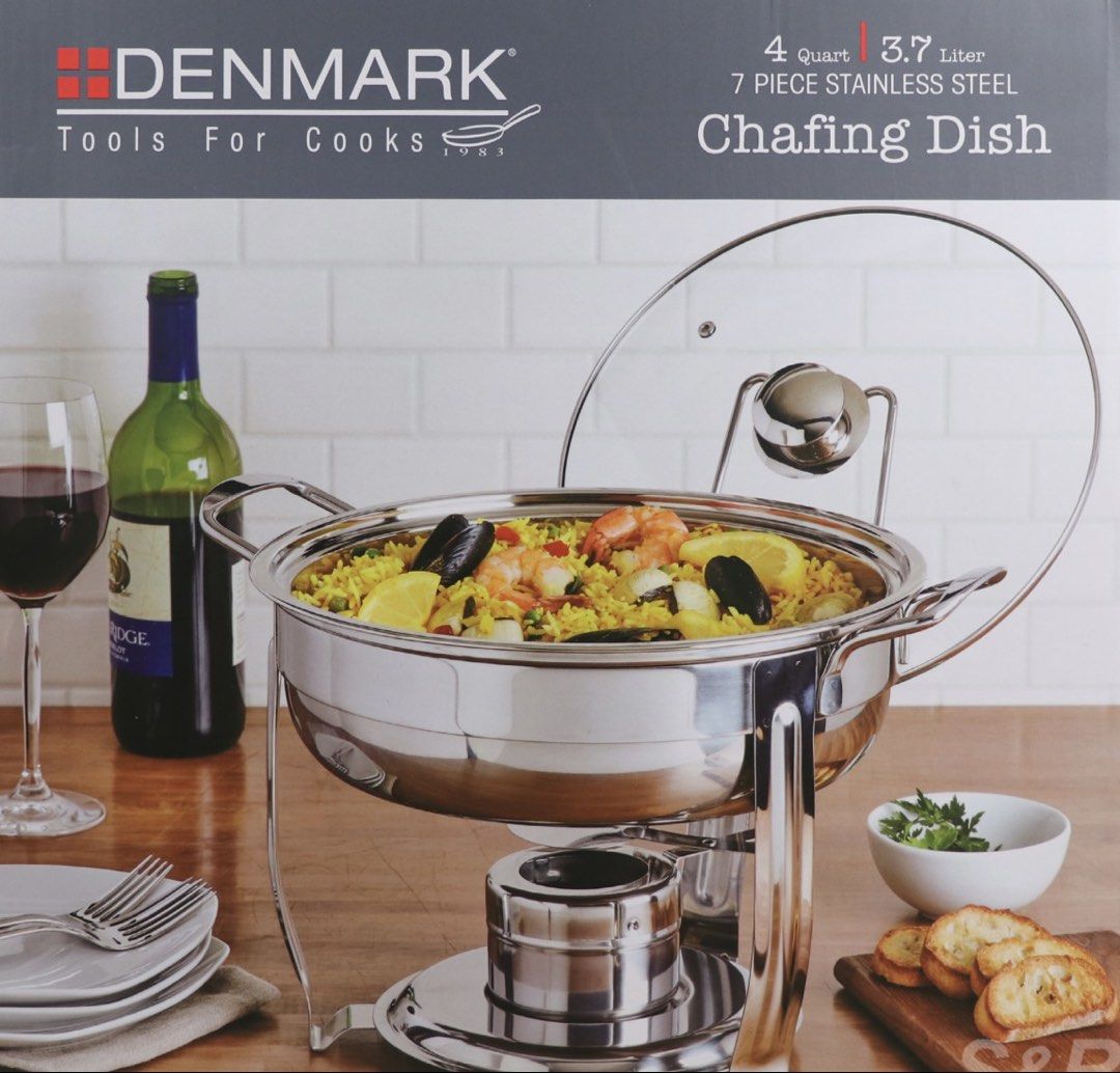 Denmark 7-Piece Stainless Steel Chafing Dish (Category: Other Kitchenware & Tableware) located in Pasay City. Submitted by taptooload (Listing ID 1423216841, Image 2). Description: - 7-piece stainless steel chafing dish set - Includes: stand, lid holder, drip tray, food pan, fuel holders, glass lid, and water pan - 4-quart (3.7-liter) capacity - Dimensions: 41cm x 24cm - Perfect for keeping food warm just bought it at rustans for 2,999 each.