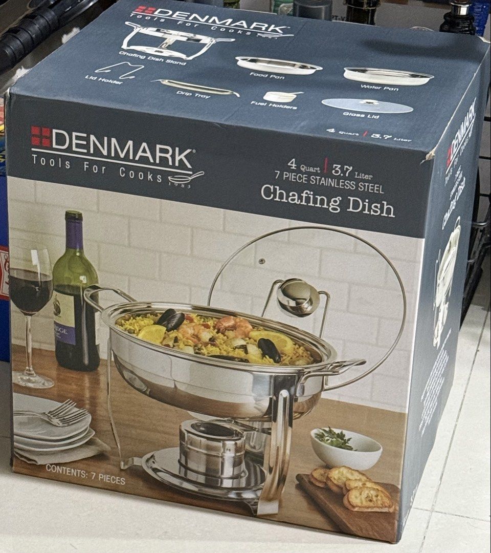 Denmark 7-Piece Stainless Steel Chafing Dish (Category: Other Kitchenware & Tableware) located in Pasay City. Submitted by taptooload (Listing ID 1423216841, Image 1). Description: - 7-piece stainless steel chafing dish set - Includes: stand, lid holder, drip tray, food pan, fuel holders, glass lid, and water pan - 4-quart (3.7-liter) capacity - Dimensions: 41cm x 24cm - Perfect for keeping food warm just bought it at rustans for 2,999 each.