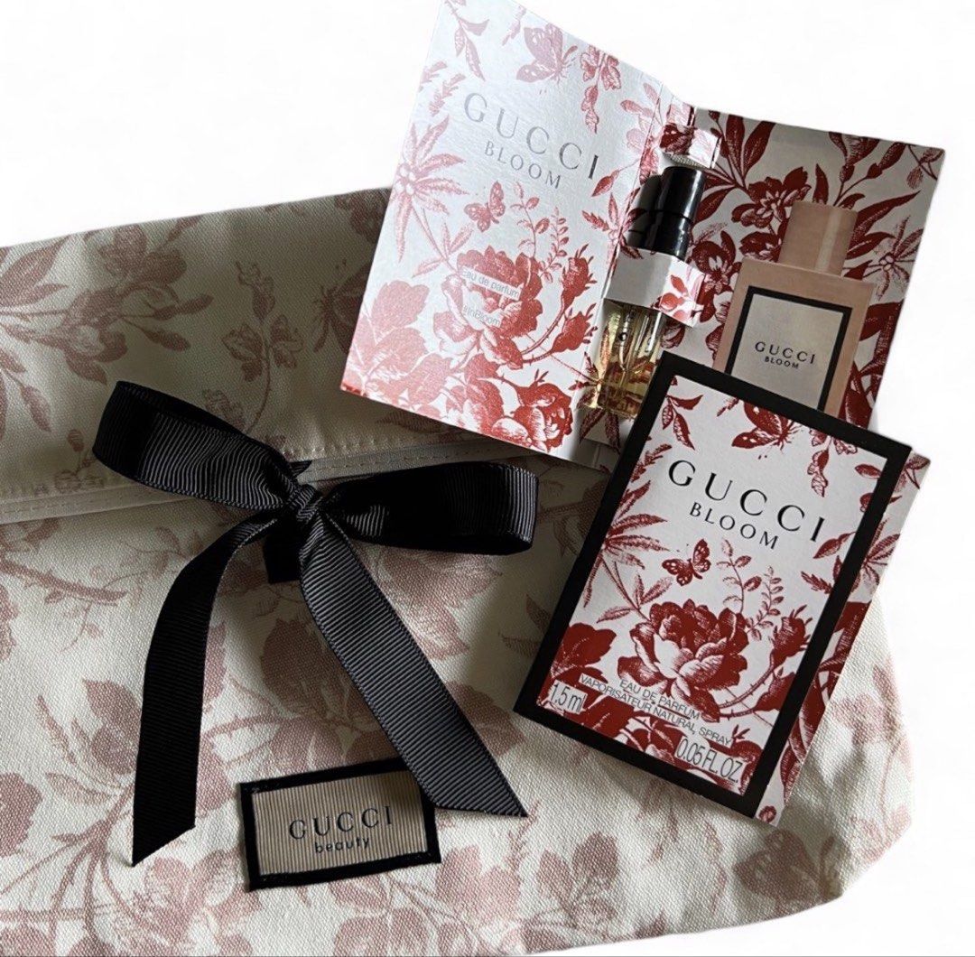 GUCCI Beauty Small Canvass Pouch Set (Category: Fragrance & Deodorants) located in Davao. Submitted by allthisandmore (Listing ID 1423094891, Image 2). Description: Inclusions: • (1) Canvass Pouch • (2) Gucci Bloom Eau de Parfum Vial 1.5mL : 0.05mL .
