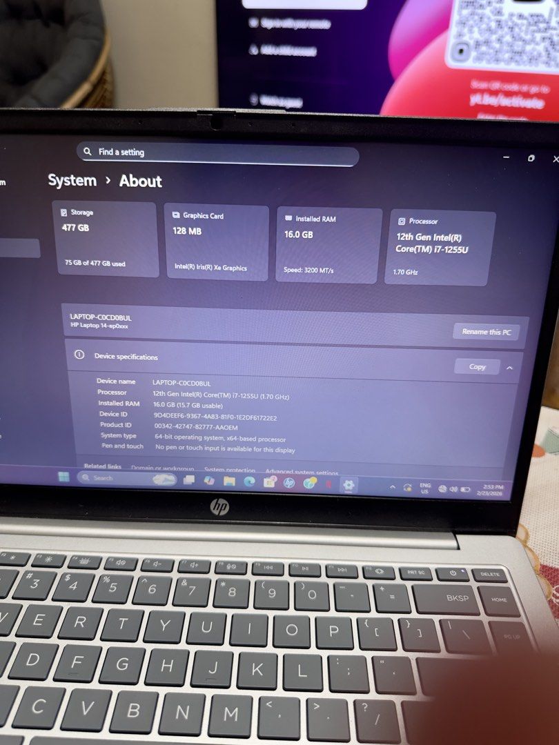 HP Laptop 14-ep0347TU (Category: Laptops & Notebooks) located in Caloocan City. Submitted by jowengloyola (Listing ID 1423217857, Image 3). Description: 🔥 FOR SALE: Like New Laptop – 1 Month Old Only! 🔥 Selling my HP Laptop 14-EP0347TU Bought last month (January 2026) – barely used! 💻 Specs: ✔ Intel Core i7-1255U ✔ 16GB RAM (smooth multitasking) ✔ 512GB SSD (fast boot & storage) ✔ 14” FHD Display ✔ Windows 11 Home ✔ 2 Years HP Onsite Warranty 