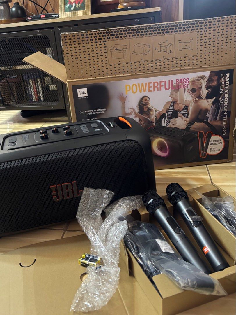 JBL PartyBox On-The-Go Essential (Category: Soundbars, Speakers & Amplifiers) located in Imus. Submitted by preloved_by_chlea (Listing ID 1423150759, Image 1). Description: - JBL PartyBox On-The-Go Essential for sale - Comes with speaker, two wireless microphones, and all accessories - Features "Powerful Bass Boost" - Complete set, ready to use - Perfect for parties and events Gift lang nung Valentines, once lang nagamit. Brand new pa talaga.