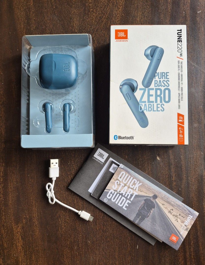 JBL Tune 220TWS True Wireless Earbuds (Category: Earphones) located in Antipolo. Submitted by mfbien_ownpreloved (Listing ID 1423098829, Image 1). Description: - JBL Tune 220TWS earbuds blue color - JBL pure bass sound - universal fit - True wireless design - Includes charging case, USB charging cable, and quick start guide - Features Bluetooth connectivity As is where is; please refer to manual for operating instructions; price negotiable.
