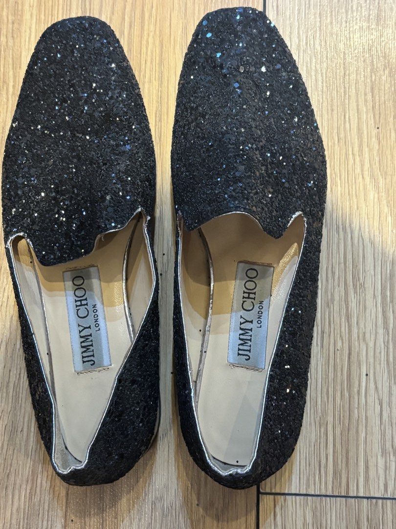 Jimmy Choo slip on black glitter loafers (Category: Loafers) located in Makati City. Submitted by dyenmobro (Listing ID 1423161908, Image 2). Description: Black glittery loafers from Jimmy Choo. Super comfy. .