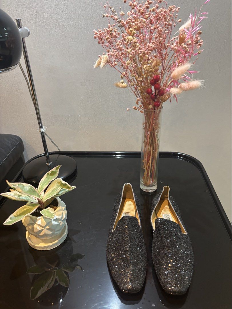 Jimmy Choo slip on black glitter loafers (Category: Loafers) located in Makati City. Submitted by dyenmobro (Listing ID 1423161908, Image 1). Description: Black glittery loafers from Jimmy Choo. Super comfy. .