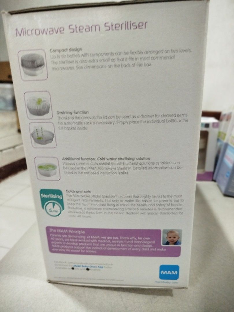 MAM Easy Start Bottle & Microwave Steriliser Set (Category: Breastfeeding & Bottle Feeding) located in Quezon City. Submitted by carleldrin (Listing ID 1423157001, Image 3). Description: MAM Easy Start Bottle & Microwave Steriliser Set. Sterilizes up to 6 bottles in 5 minutes. Includes MAM Easy Start Anti Colic self sterilising bottles. Keeps items sterile for up to 48 hours. The set includes the sterilizer and several bottles. The bottles have a