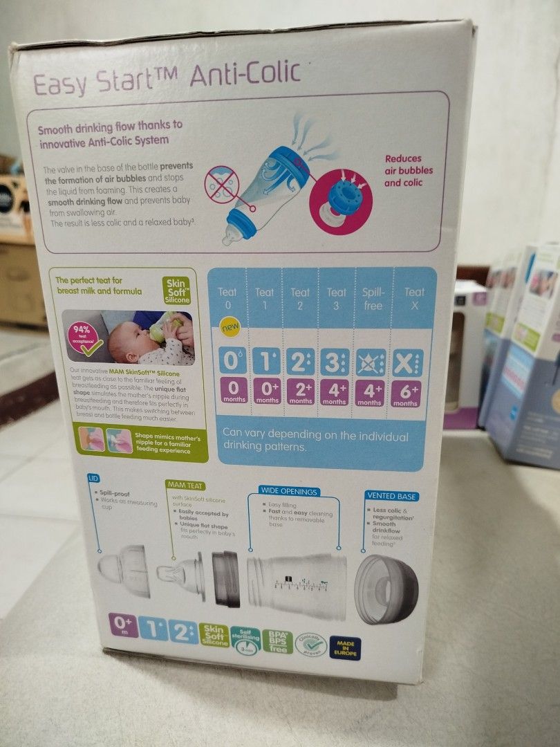 MAM Easy Start Bottle & Microwave Steriliser Set (Category: Breastfeeding & Bottle Feeding) located in Quezon City. Submitted by carleldrin (Listing ID 1423157001, Image 2). Description: MAM Easy Start Bottle & Microwave Steriliser Set. Sterilizes up to 6 bottles in 5 minutes. Includes MAM Easy Start Anti Colic self sterilising bottles. Keeps items sterile for up to 48 hours. The set includes the sterilizer and several bottles. The bottles have a