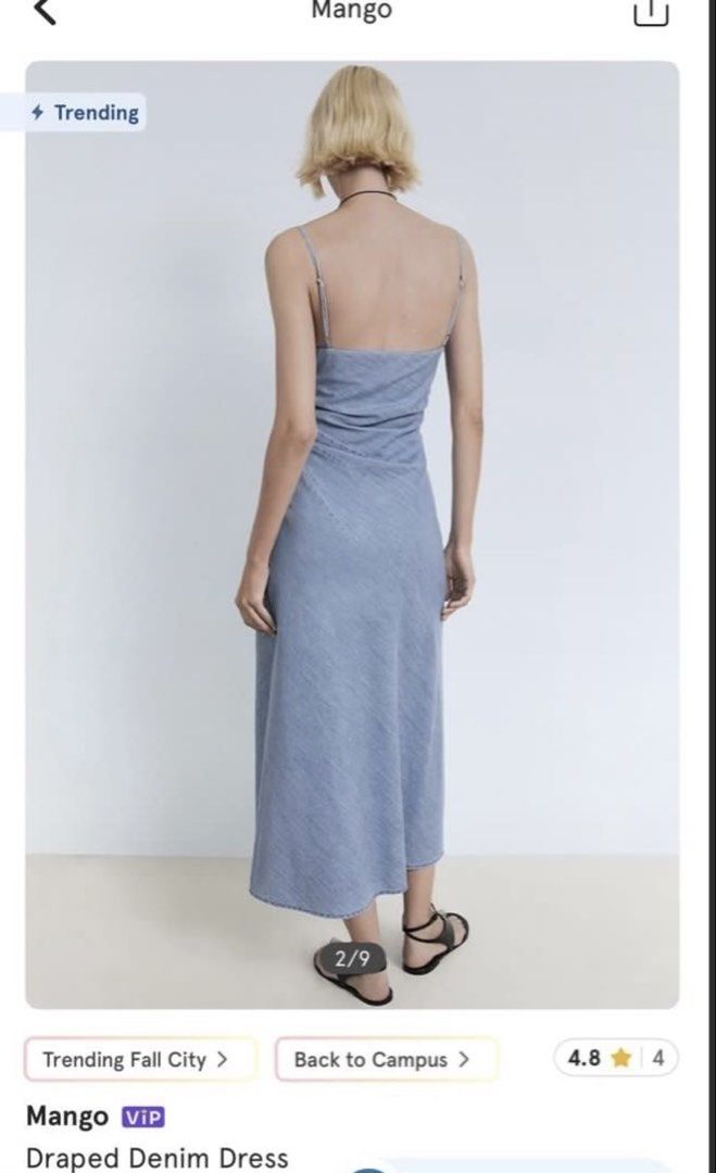 Mango draped denim dress (Category: Dresses) located in Pasig City. Submitted by chasingbliss_ (Listing ID 1423107944, Image 2). Description: bought here in carousell RFS: does not fit me.