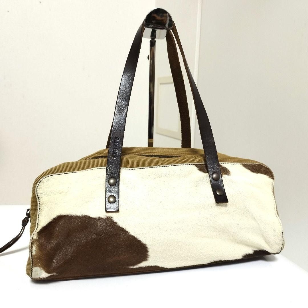 miumiu Boston Bag Archive Corduroy Fur Leather Brown 16x35x13cm