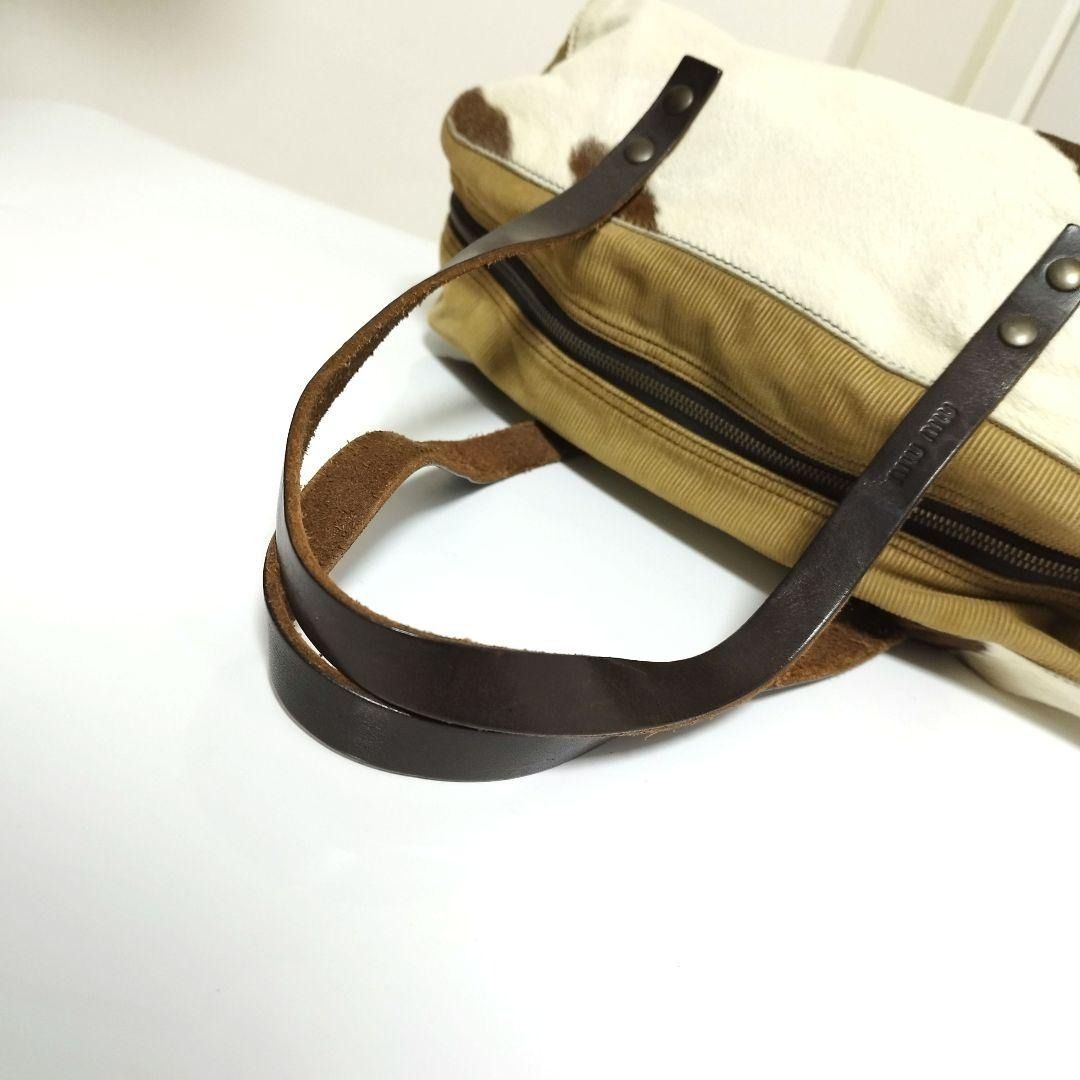 miumiu Boston Bag Archive Corduroy Fur Leather Brown 16x35x13cm