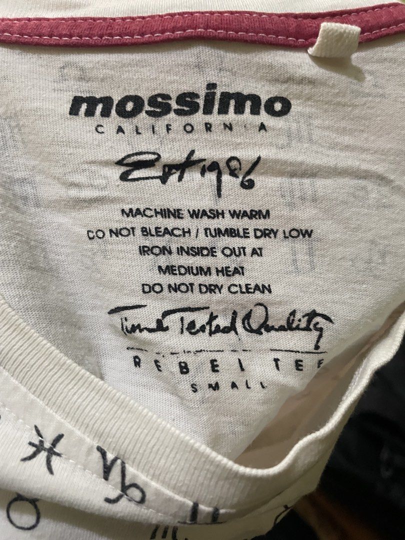 Mossimo California Zodiac Print Tee - Small (Category: Tshirts & Polo Shirts ) located in Manila. Submitted by trustkat (Listing ID 1423141870, Image 3). Description: - Mossimo California t-shirt - Size: Small - Design: Zodiac print - Color: White with black symbols - Features: Short sleeves, crew neck with burgundy trim - Care: Machine washable, tumble dry low.