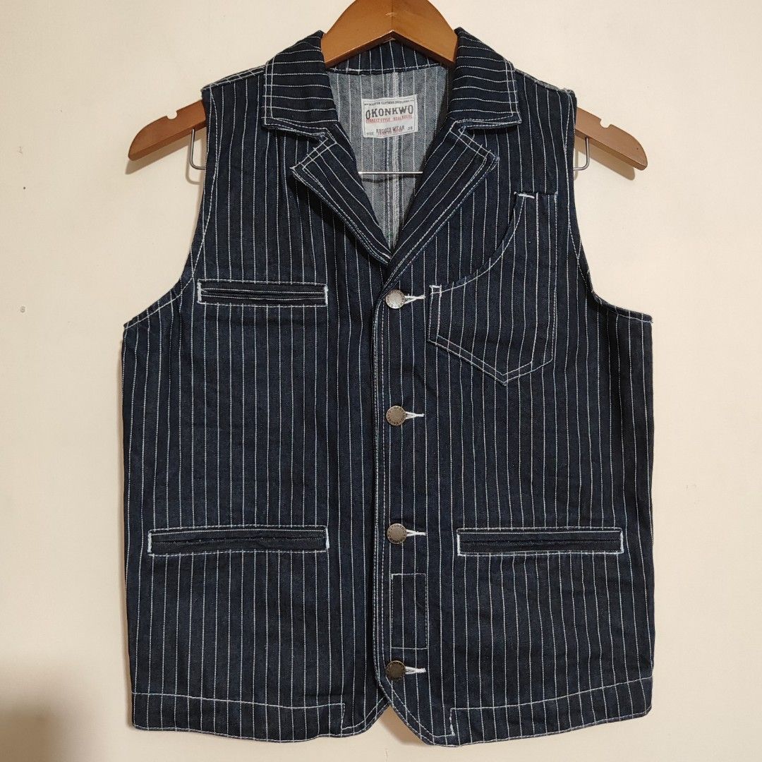 Okonkwo - Striped Denim Vest (Category: Vests) located in Puerto Princesa. Submitted by theoldtreasures (Listing ID 1423120464, Image 2). Description: Size: 36 on tag Excellent USED Condition Manage your expectations. Thrifted‼️.