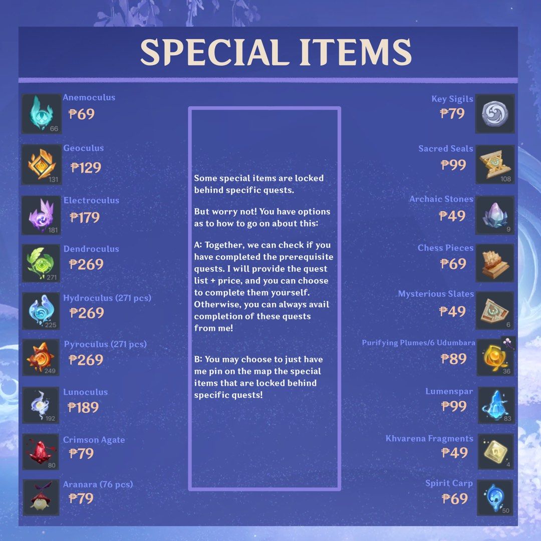 [OPEN] Affordable Genshin Impact Pilot Service (Category: Others) located in Quezon City. Submitted by KalePS (Listing ID 1164372608, Image 3). Description: SLOTS OPEN, I AM BACK! Instagram: kale.pilotservice Too busy to take care of your account? Looking for someone trustable to manage your account? I am offering pilot services for your genshin account! Please refer to the photos for the prices. Feel free to DM me. I will answer your questions a