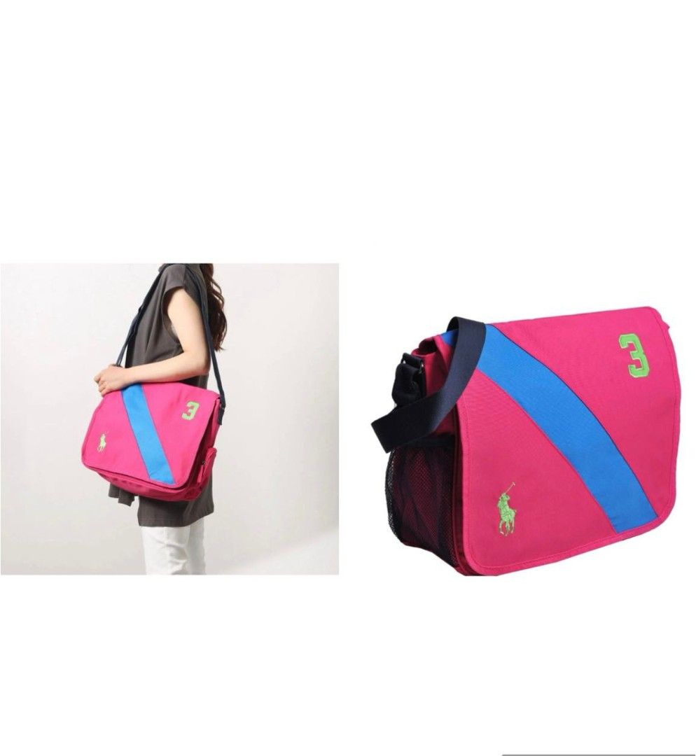 Ralph Lauren Messenger Bag (Category: Luxury Bags & Wallets) located in Caloocan City. Submitted by bestdealsonline99 (Listing ID 1423231274, Image 2). Description: POLO RALPH LAUREN BANNER STRIPE MESSENGER BAG // price slightly negotiable Width 16 inch / Length 13 inch Bagong bago to , super Ganda - Polo Ralph Lauren messenger bag - Eye-catching pink color with blue stripe and number 3 - Green Polo logo - Navy blue strap - Multiple compartments 
