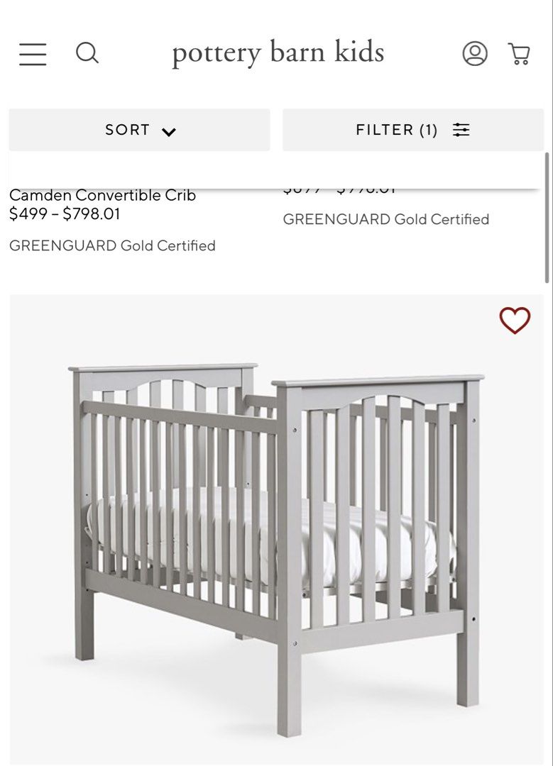 Pottery Barn Kids Kendall Crib (Category: Cots & Cribs) located in Makati City. Submitted by upcyclelady (Listing ID 1423110800, Image 2). Description: - Includes mattress - will be delivered as is - color: grey.