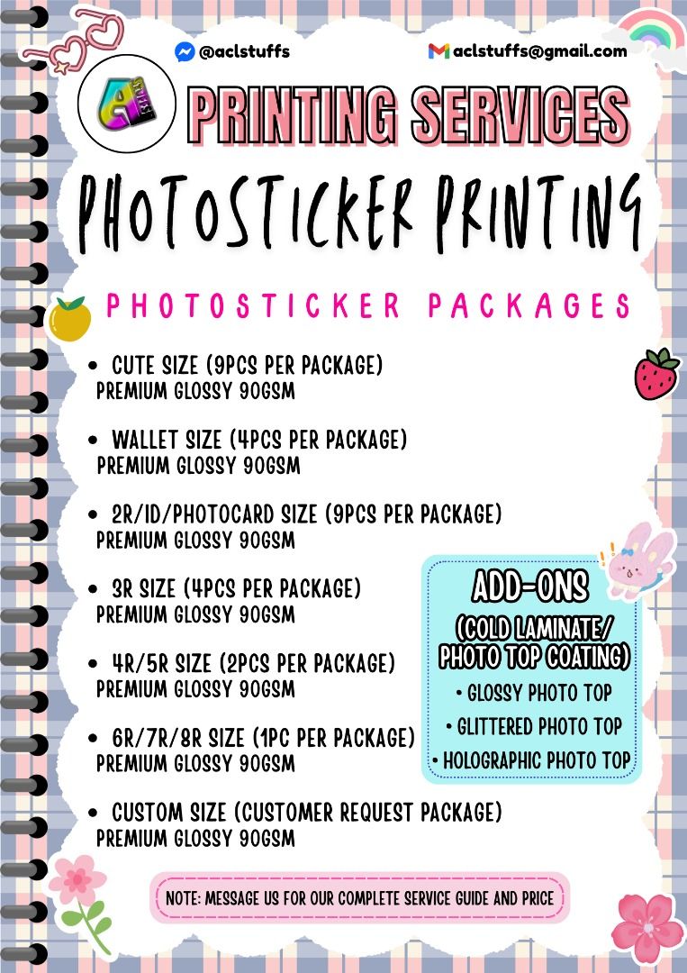 Printing & Lamination Services | Document, Photos, Souvenirs, Craft & etc (Category: Printers, Scanners & Copiers) located in Manila. Submitted by aclstuffs (Listing ID 1423169615, Image 2). Description: 📸 PHOTO & DOCUMENT PRINTING SERVICES Documents: A4, Short, Long (Scan & Layout available) Photos: Wallet, ID, 2R-8R, & Custom sizes Specialty: Instax/Polaroid style, Photobooth strips, Filmstrips, Mini photostrips 🛡️ LAMINATION & PROTECTION Hot