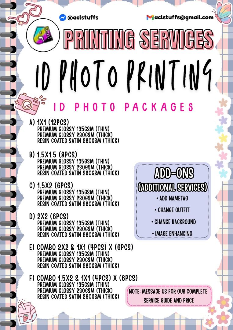Printing & Lamination Services | Document, Photos, Souvenirs, Craft & etc (Category: Printers, Scanners & Copiers) located in Manila. Submitted by aclstuffs (Listing ID 1423169615, Image 3). Description: 📸 PHOTO & DOCUMENT PRINTING SERVICES Documents: A4, Short, Long (Scan & Layout available) Photos: Wallet, ID, 2R-8R, & Custom sizes Specialty: Instax/Polaroid style, Photobooth strips, Filmstrips, Mini photostrips 🛡️ LAMINATION & PROTECTION Hot