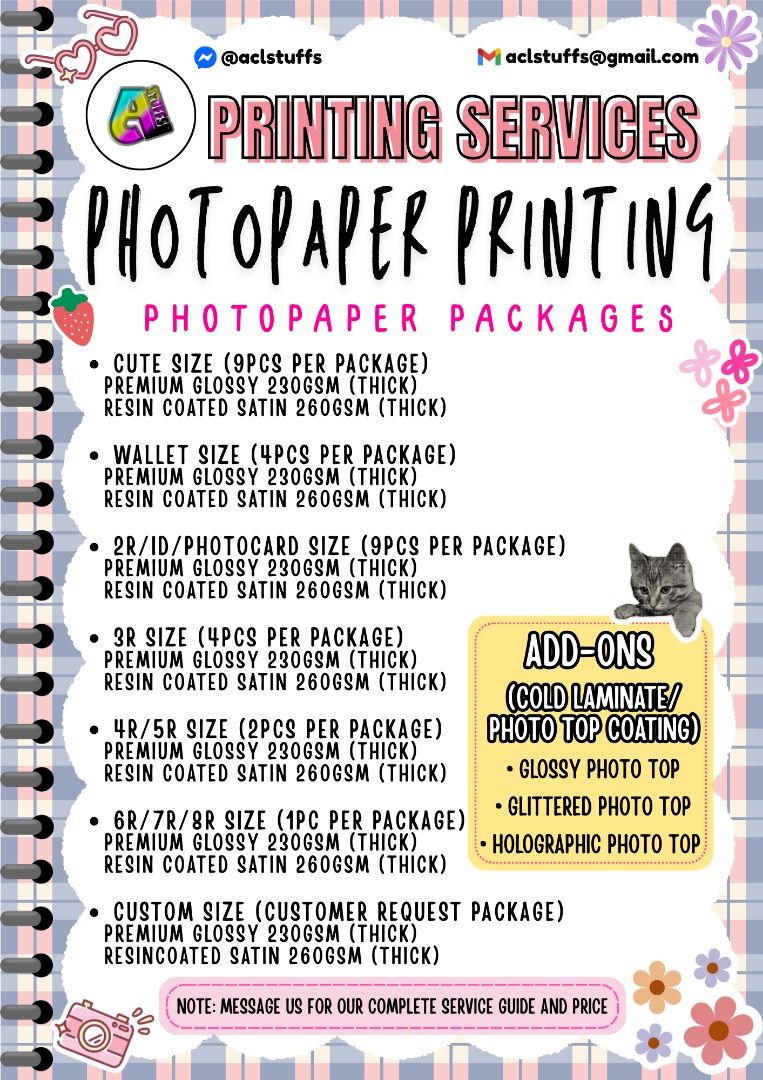 Printing & Lamination Services | Document, Photos, Souvenirs, Craft & etc (Category: Printers, Scanners & Copiers) located in Manila. Submitted by aclstuffs (Listing ID 1423169615, Image 1). Description: 📸 PHOTO & DOCUMENT PRINTING SERVICES Documents: A4, Short, Long (Scan & Layout available) Photos: Wallet, ID, 2R-8R, & Custom sizes Specialty: Instax/Polaroid style, Photobooth strips, Filmstrips, Mini photostrips 🛡️ LAMINATION & PROTECTION Hot