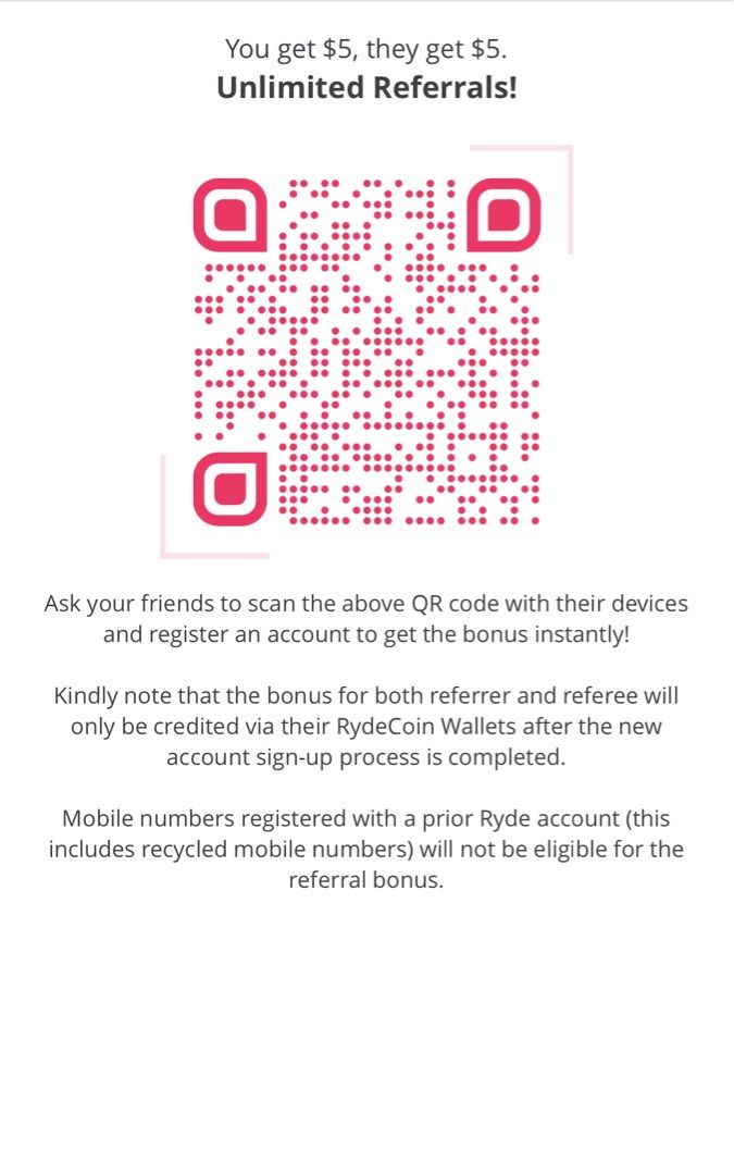 Ryde Referral Code (Category: Vouchers) located in Singapore. Submitted by walking_out_of_time (Listing ID 1423087774, Image 2). Description: Signup through my link to get $5 dollars off ur ride https://ryde.app.link/D4GAYkkt00b.