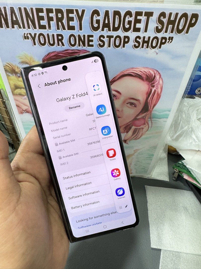 Samsung Galaxy Z Fold 4 (Category: Samsung) located in San Juan City. Submitted by wainefreygadgetshop (Listing ID 1423185056, Image 2). Description: Samsung Galaxy Z Fold 4 12/256 (please search nyo nalang fill specs) ALL GOODS AT WORKING NO REPAIR HISTORY NO HIDDEN ISSUE GAMING PHONE NO CREASE SA SCREEN MAY MINIMAL DENTS LANG PO NORMAL LANG SA 2NDHAND YAN LANG NAMAN THE REST NO ISSUE AT PRESENTABLE PADIN UNG ITEM 97% SMOOTH For fast transaction