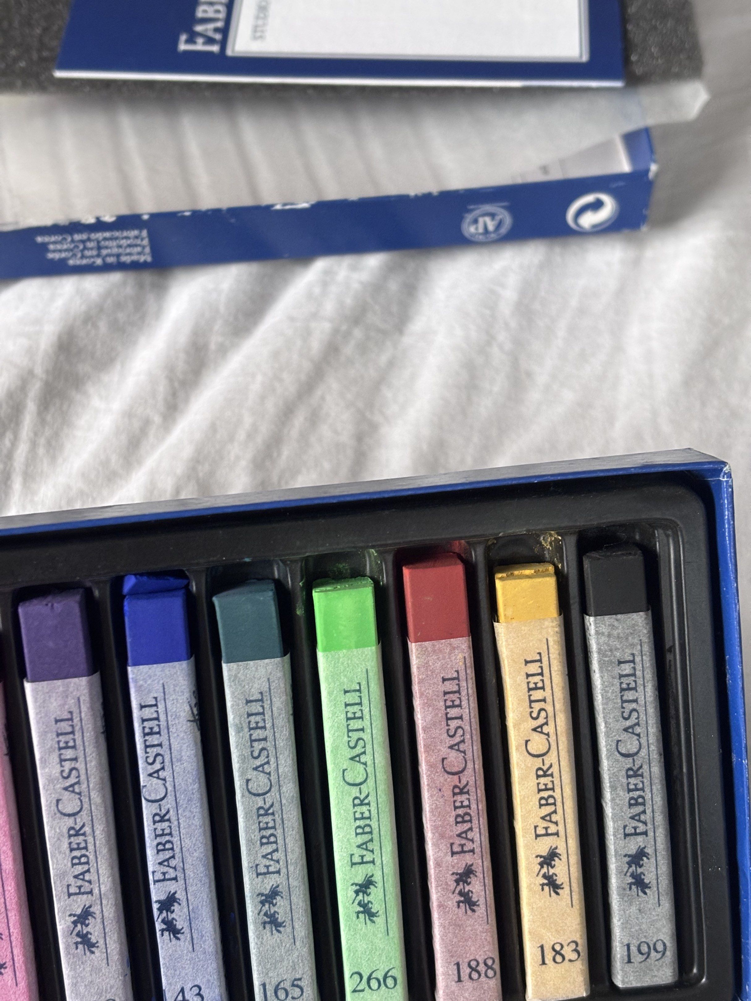 Soft Pastels (Category: Craft Supplies & Tools) located in Baguio. Submitted by a.eoro (Listing ID 1423143453, Image 3). Description: Faber-Castell Soft Patels •12 Colors • Bought in Saudi, Jarir Bookstore •Stocked inside a box for long time • Never used, but idk why the other pastels are shorter 😭 • I dropped the cobalt blue so yeah 🥹 (see pic) 📍Baguio City •please do check my other listings, badly need funds 🙏.