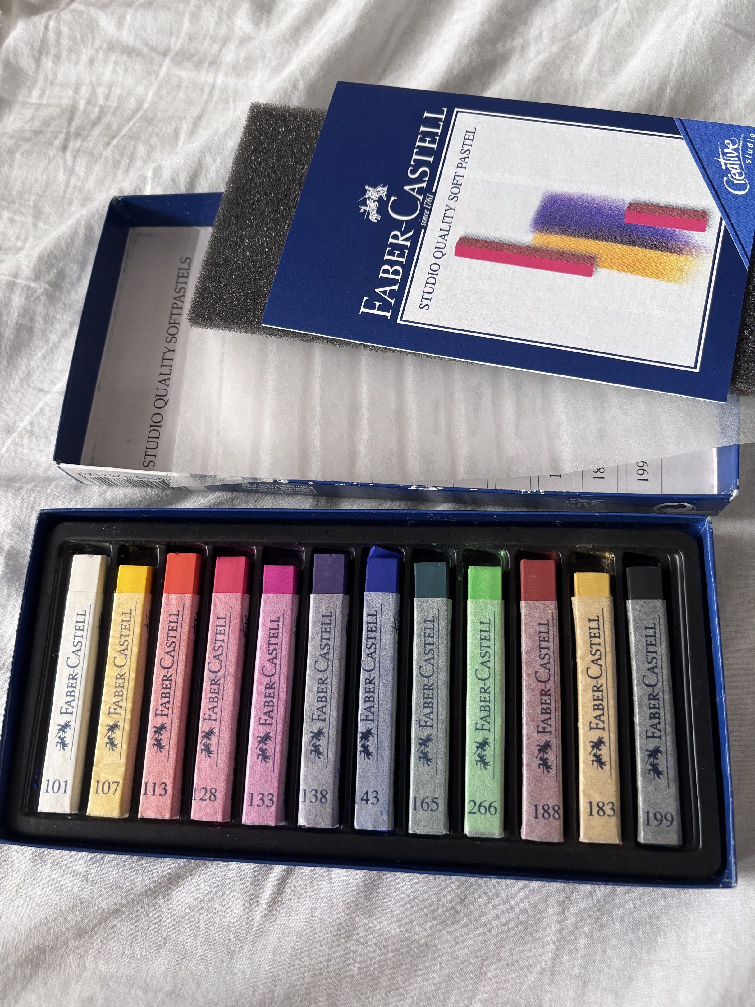 Soft Pastels (Category: Craft Supplies & Tools) located in Baguio. Submitted by a.eoro (Listing ID 1423143453, Image 1). Description: Faber-Castell Soft Patels •12 Colors • Bought in Saudi, Jarir Bookstore •Stocked inside a box for long time • Never used, but idk why the other pastels are shorter 😭 • I dropped the cobalt blue so yeah 🥹 (see pic) 📍Baguio City •please do check my other listings, badly need funds 🙏.