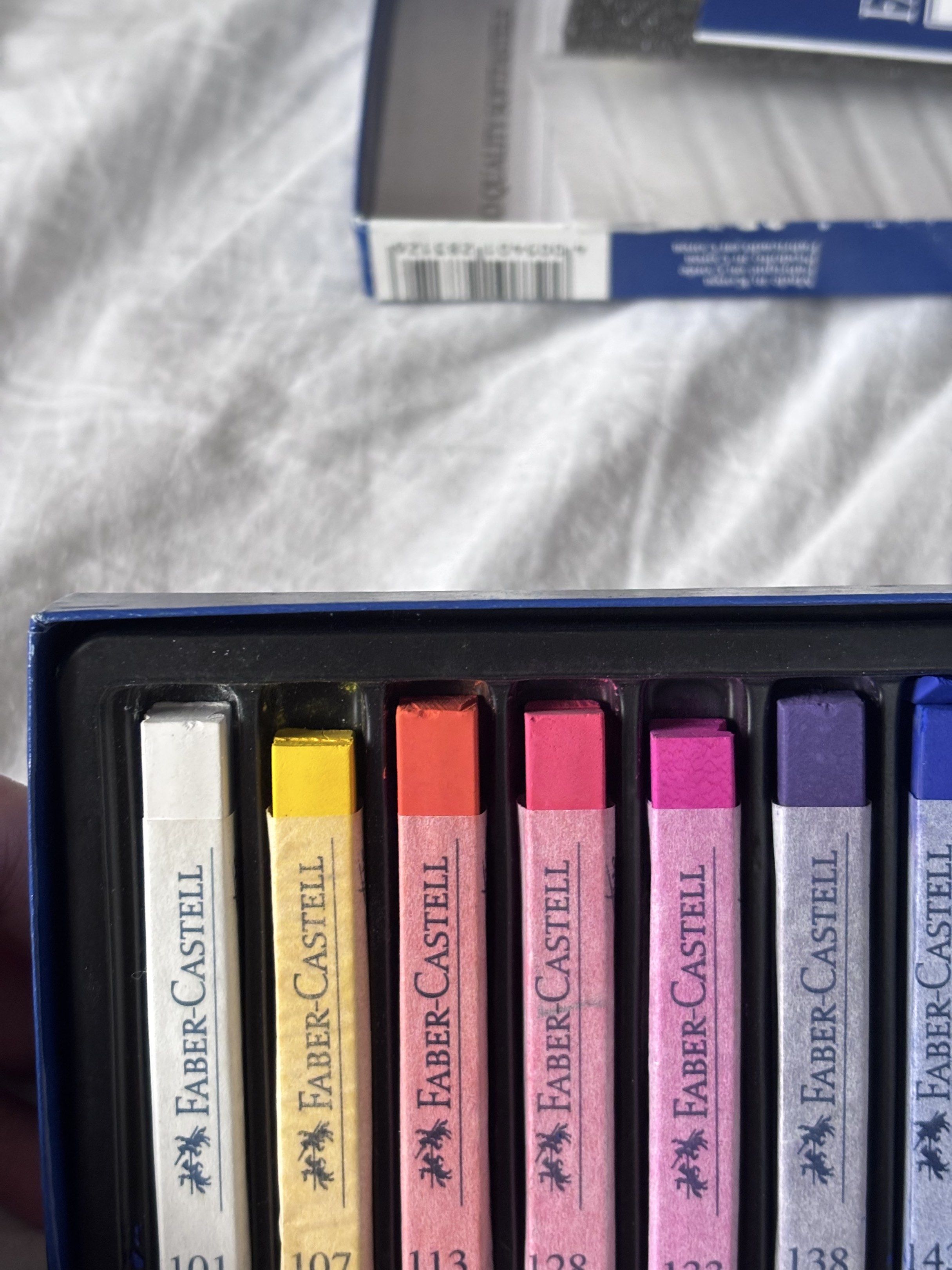 Soft Pastels (Category: Craft Supplies & Tools) located in Baguio. Submitted by a.eoro (Listing ID 1423143453, Image 2). Description: Faber-Castell Soft Patels •12 Colors • Bought in Saudi, Jarir Bookstore •Stocked inside a box for long time • Never used, but idk why the other pastels are shorter 😭 • I dropped the cobalt blue so yeah 🥹 (see pic) 📍Baguio City •please do check my other listings, badly need funds 🙏.