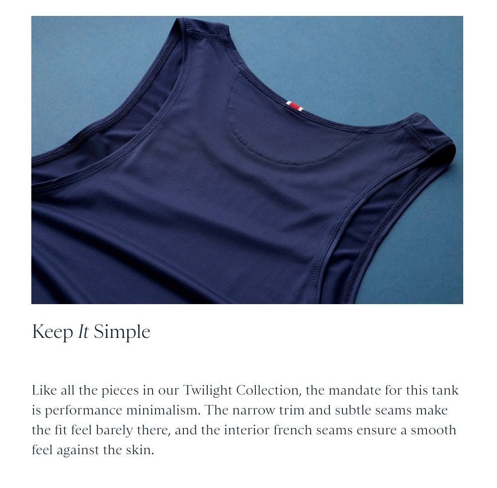 Tracksmith Twilight Tank - Stonewash/Ivory (Category: Activewear) located in Makati City. Submitted by raceday.rdy (Listing ID 1423219500, Image 3). Description: Tracksmith's super lightweight and silky-soft mesh tank designed for summer months Brand new, never used Large, see garment measurements in the last pic Color: Stonewash with Ivory piping.