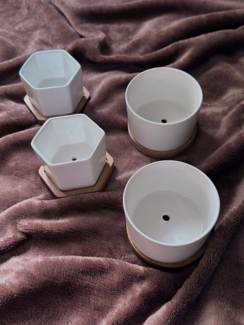 WHiTE CERAMiC PLANTERS w/ BAMBOO SAUCER (Category: Pots & Planters) located in San Pedro. Submitted by cicco.ph (Listing ID 1423105126, Image 2). Description: - Set includes four white ceramic planters - Two hexagonal and two cylindrical designs - Each planter comes with a matching bamboo saucer - Features drainage holes for healthy plant growth - Perfect for small plants and succulents - Adds a simple and elegant touch to your home decor.