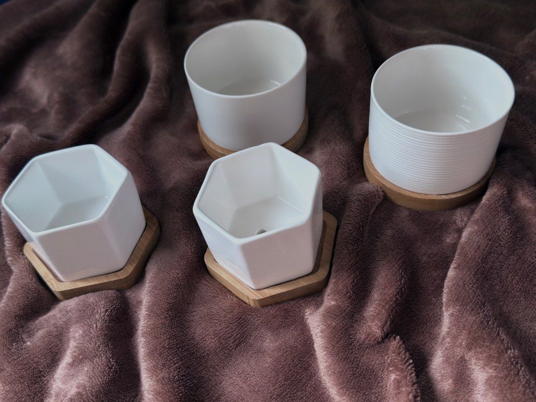 WHiTE CERAMiC PLANTERS w/ BAMBOO SAUCER (Category: Pots & Planters) located in San Pedro. Submitted by cicco.ph (Listing ID 1423105126, Image 3). Description: - Set includes four white ceramic planters - Two hexagonal and two cylindrical designs - Each planter comes with a matching bamboo saucer - Features drainage holes for healthy plant growth - Perfect for small plants and succulents - Adds a simple and elegant touch to your home decor.
