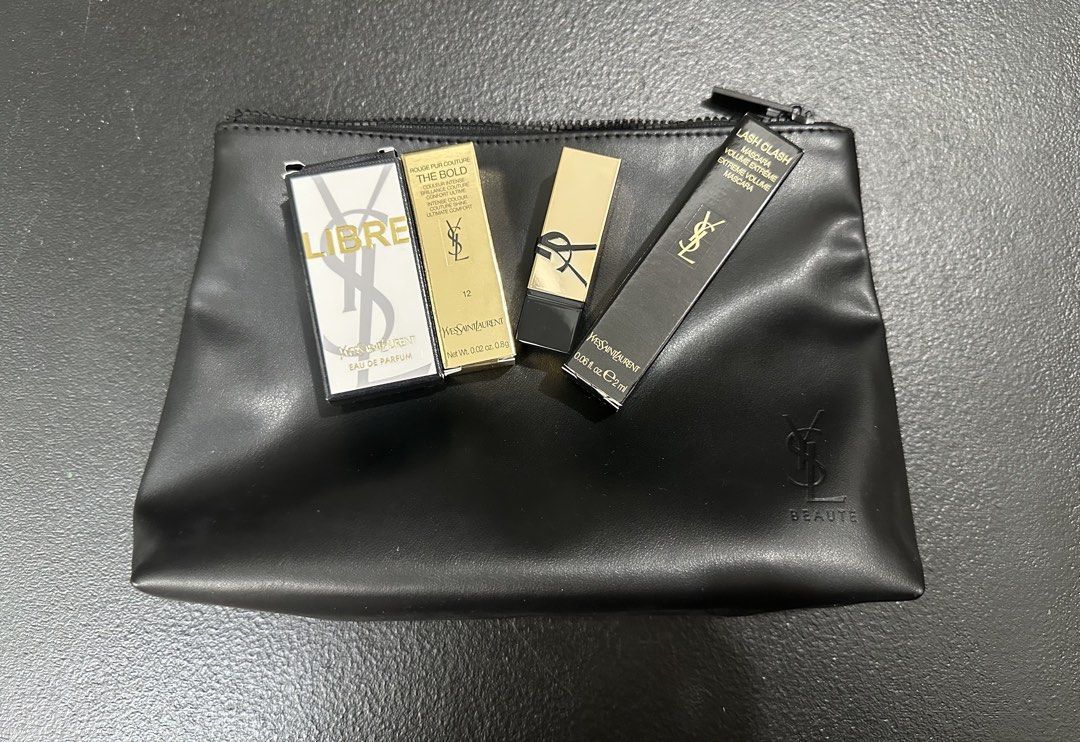 YSL Makeup Set (Category: Makeup) located in Cebu City. Submitted by cebucitybased (Listing ID 1423169199, Image 2). Description: YSL mini set includes: 1 piece YSL Libre EDP 7.5ml 1 piece YSL Rouge Pur Couture shade 12 NU Incongru 0.8grams 1 piece YSL Rouge Pur Couture shade NM 1.3grams (no box) 1 piece YSL Lash Clash Extreme Volume Mascara shade Black 2ml 1 piece YSL black pouch All Brand New, Never Used Sold as set or individual.