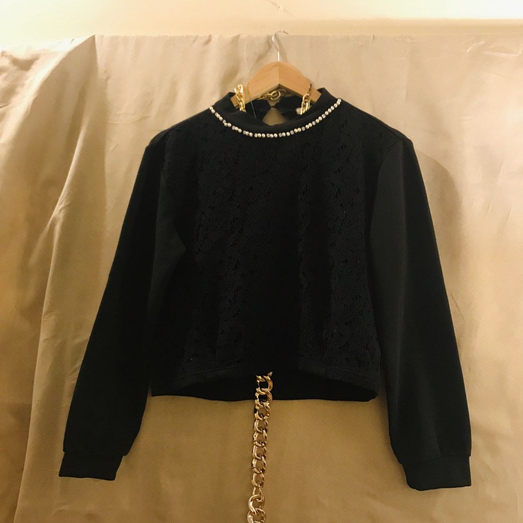 Black Lace Detail Sweater (Category: Coats, Jackets and Outerwear) located in Manila. Submitted by 414studio (Listing ID 1423387471, Image 1). Description: Medium High quality/lace detail hanging fit better in actual Shipping: Lalamove/Gogoxpress.