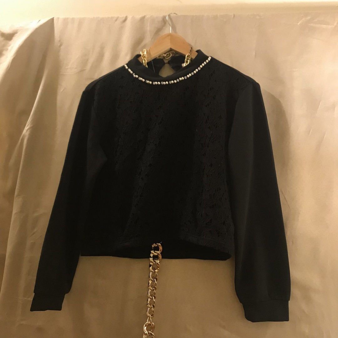 Black Lace Detail Sweater (Category: Coats, Jackets and Outerwear) located in Manila. Submitted by 414studio (Listing ID 1423387471, Image 2). Description: Medium High quality/lace detail hanging fit better in actual Shipping: Lalamove/Gogoxpress.