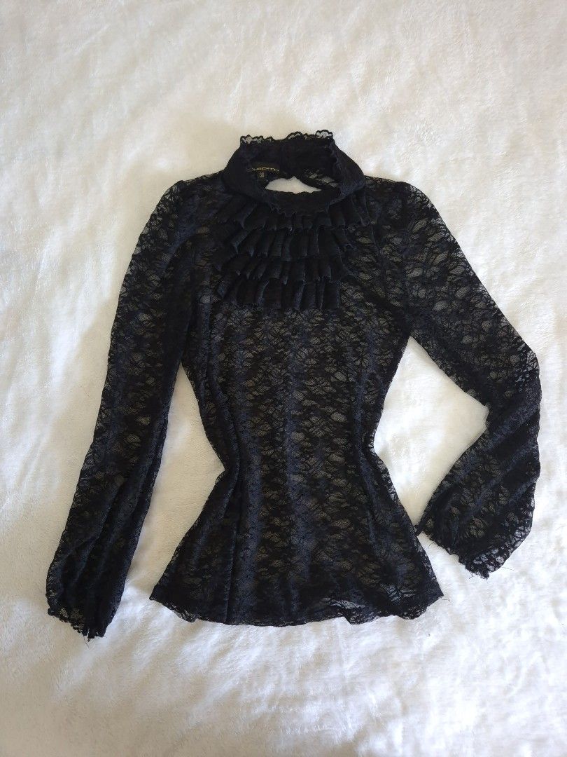 Black Lace Top with Ruffle Detail (Category: Sleeveless) located in Paranaque City. Submitted by hbd1233 (Listing ID 1423336973, Image 1). Description: - Black lace top - Long sleeves - High neckline with ruffle detail - Buttoned cuffs - Delicate, see-through lace fabric.