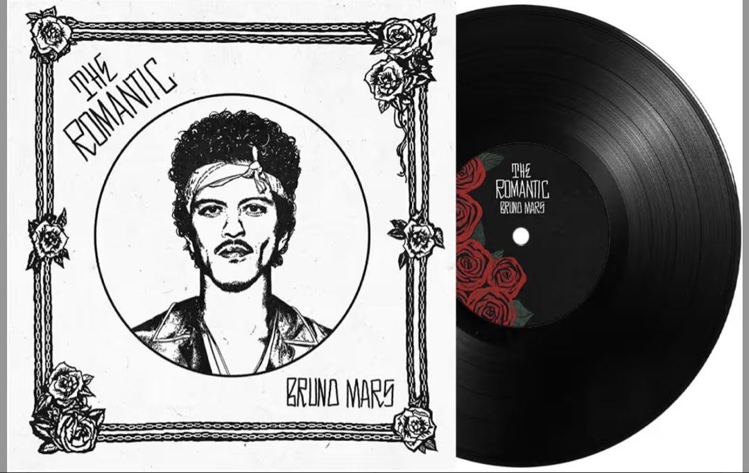 Bruno Mars - The Romantic Vinyl Record [BLACK] (Category: Vinyls) located in Bacoor. Submitted by jescords (Listing ID 1423298291, Image 3). Description: Preorder - Bruno Mars "The Romantic" vinyl record. - Album cover features a black and white illustration of Bruno Mars. - Black vinyl with album title and roses on the label. - Ideal for Bruno Mars fans and vinyl collectors..