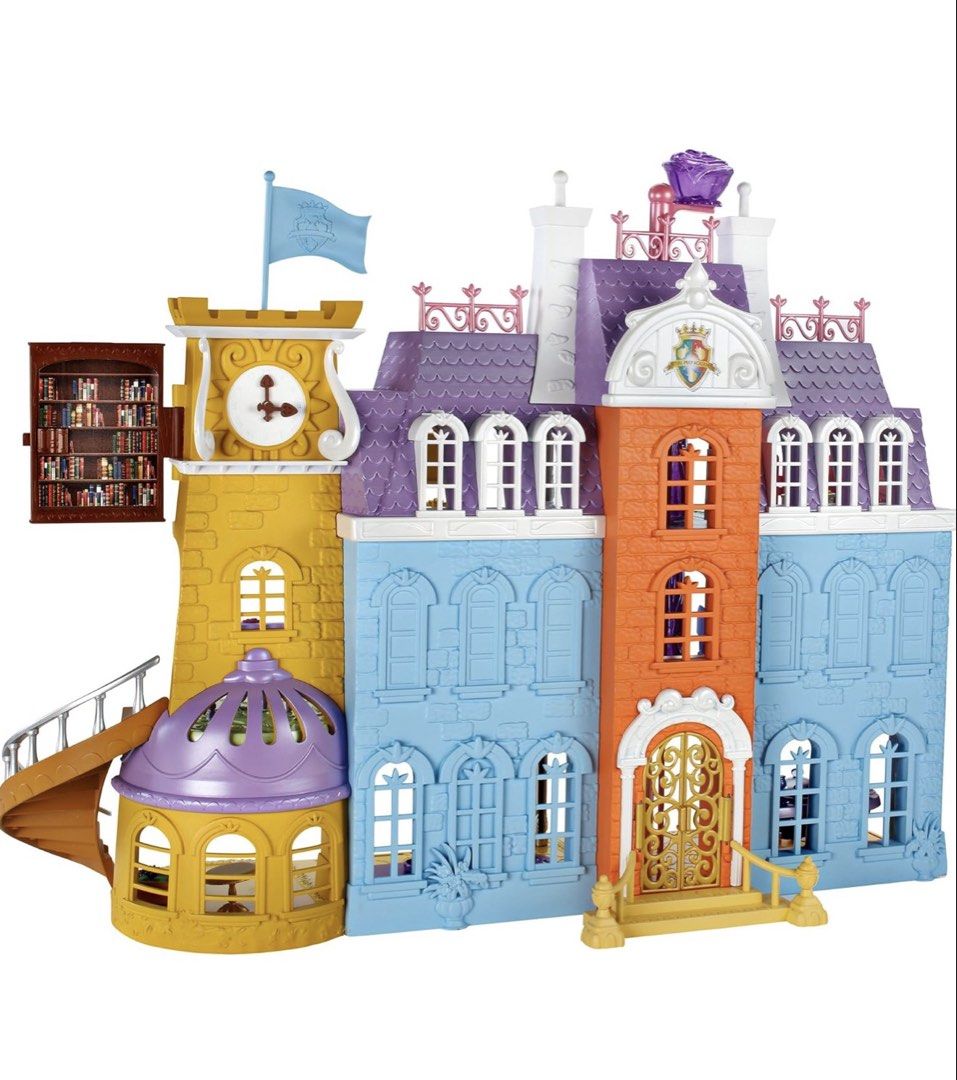 Disney Sofia the First Royal Prep Castle (Category: Kids Toys) located in Talisay. Submitted by secondsbyvan (Listing ID 1423400987, Image 3). Description: Disney Sofia the First Royal Prep Castle playset. It includes a Sofia doll and various accessories like furniture, a piano, and food items. The castle has multiple levels and rooms for play. It features a clock tower and a spiral staircase. almost complete small items including Sofia moving el