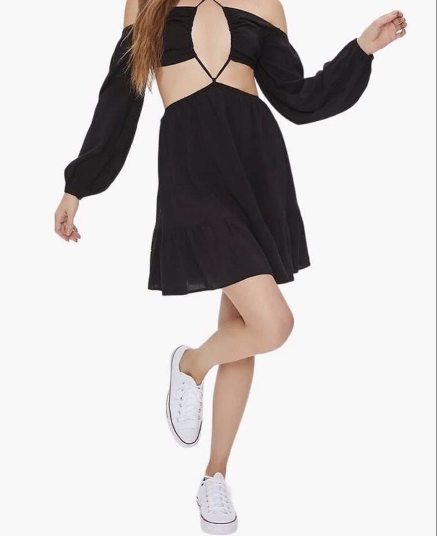 Forever 21 Black Cutout Dress BNWT (Category: Dresses) located in San Juan City. Submitted by decluttzi (Listing ID 1423262807, Image 2). Description: - Black long-sleeved dress - Cutout design - Off-shoulder neckline with halter tie - Flowy skirt with ruffled hem - Cutout back - Ideal for night outs and special events.