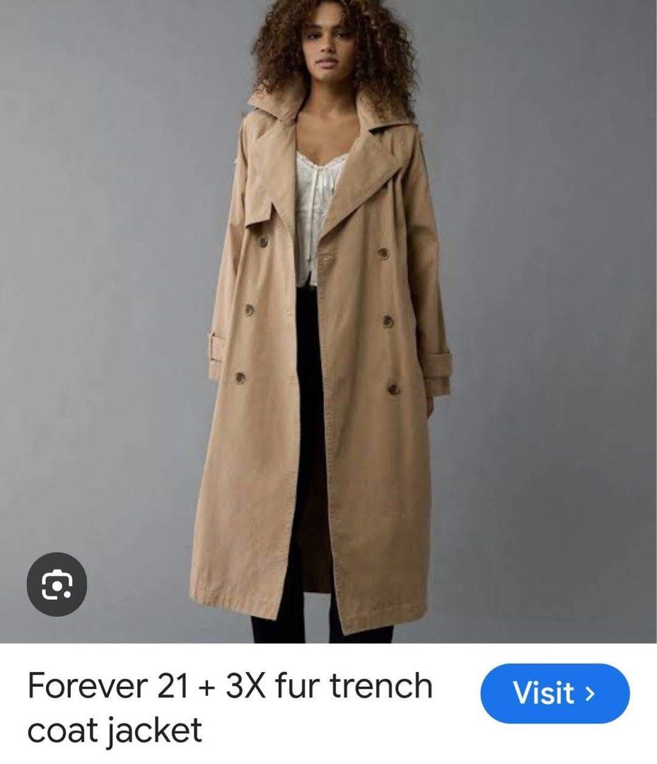 Forever 21 Trench Coat - Size S (Category: Coats, Jackets and Outerwear) located in San Juan City. Submitted by niqclassythrift (Listing ID 1423381138, Image 3). Description: - Forever 21 tan trench coat - Size: S - Double-breasted design - Features buttons - Classic trench coat style - Collar and long sleeves - Made in China.
