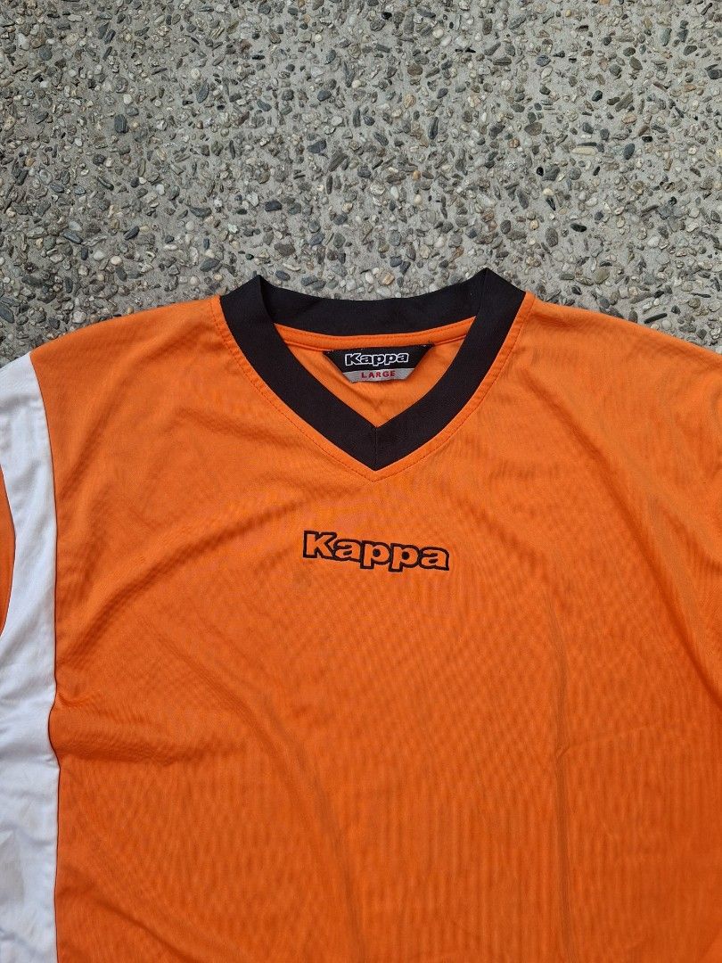 Kappa Orange V-Neck T-Shirt (Category: Tshirts & Polo Shirts ) located in Marikina City. Submitted by 2nd_chancedrips (Listing ID 1423378834, Image 2). Description: - Orange Kappa V-neck T-shirt - Kappa logo on chest and sleeves - 19 x 26.5 - Black and white accents on sides and sleeves - Made in Thailand - Size: FT#SR.