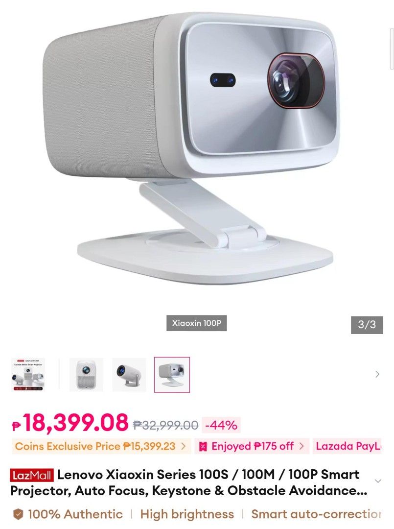 Lenovo Smart Projector 100P Native 1080p 4K Decoding (Category: Projectors) located in Tayabas. Submitted by mharsbawalutang (Listing ID 1423305675, Image 1). Description: Brand new - Open box 🎥 Lenovo Xiaoxin Smart Projector 100P ✅ Native 1080P Full HD resolution ✅ Supports 4K video playback (HDR10) ✅ 850 ANSI lumens ✅ 360 degree rotation, 90 degree tilt (for ceiling projection) ✅ Auto focus and keystone correction ✅ Auto obstacle avoidance and