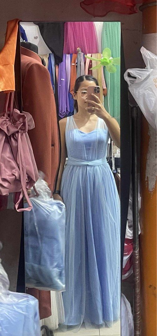 Light Blue Tulle Infinite Dress (Category: Dresses) located in Quezon City. Submitted by litol_bee (Listing ID 1423384024, Image 1). Description: RFS: Wrong size! Fits Large to XL. Can do a lot of design! Search tiktok for reference! Bought for 1000 pesos.