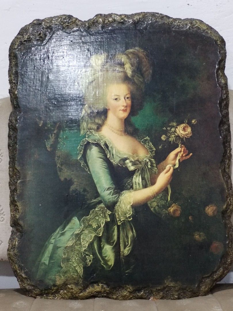 Marie Antoinette Portrait on Stone (Category: Wall Decor) located in Caloocan City. Submitted by rowely_jpn (Listing ID 1423305159, Image 2). Description: Portrait of Marie Antoinette, painted on a wood . The artwork depicts the queen in a green dress, holding flowers. The stone has a textured, irregular edge. The painting measures approximately 20 inches in height and 16 inches in width..