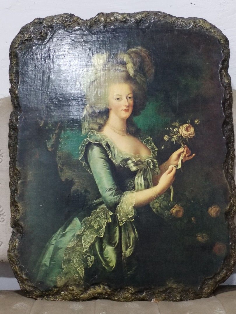 Marie Antoinette Portrait on Stone (Category: Wall Decor) located in Caloocan City. Submitted by rowely_jpn (Listing ID 1423305159, Image 3). Description: Portrait of Marie Antoinette, painted on a wood . The artwork depicts the queen in a green dress, holding flowers. The stone has a textured, irregular edge. The painting measures approximately 20 inches in height and 16 inches in width..