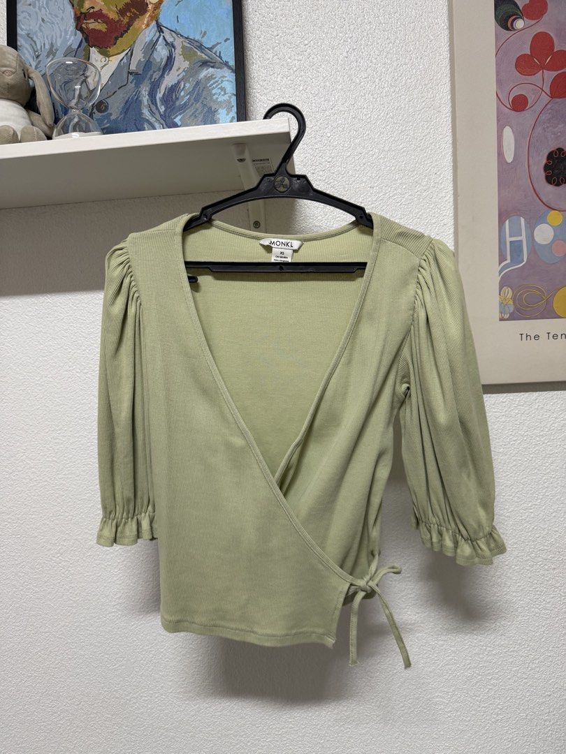 Monki Sage Green Ribbed Wrap Top (Category: Blouses) located in Marikina City. Submitted by kaisells_ (Listing ID 1423364165, Image 1). Description: RFS: decluttering :) Size: XS-S Location: Lower Antipolo/Marikina.
