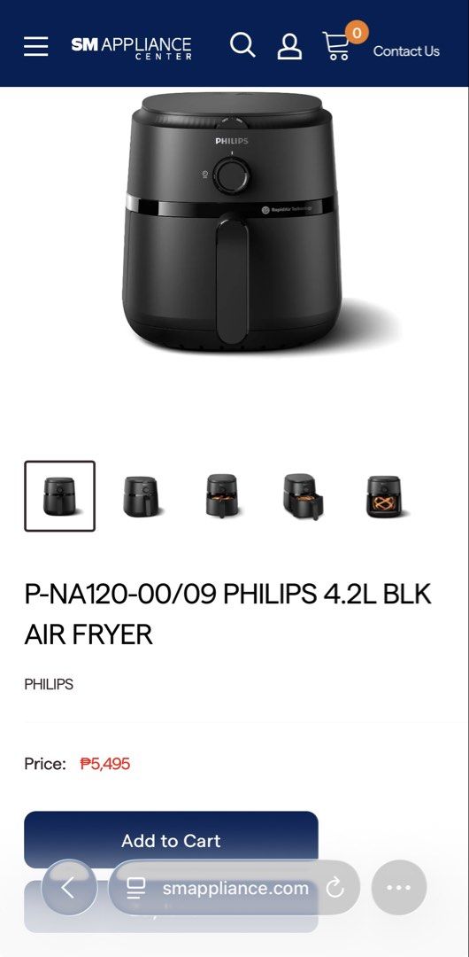 PHILIPS AIRFRYER 4.2L (Category: Fryers) located in Mandaluyong City. Submitted by mikoysss (Listing ID 1416000982, Image 1). Description: Won it from office raffle. Still on sealed box from SM Appliance. No receipt. See details from SM Appliance website. Reg. price is 5495. Better pick it up from my place.