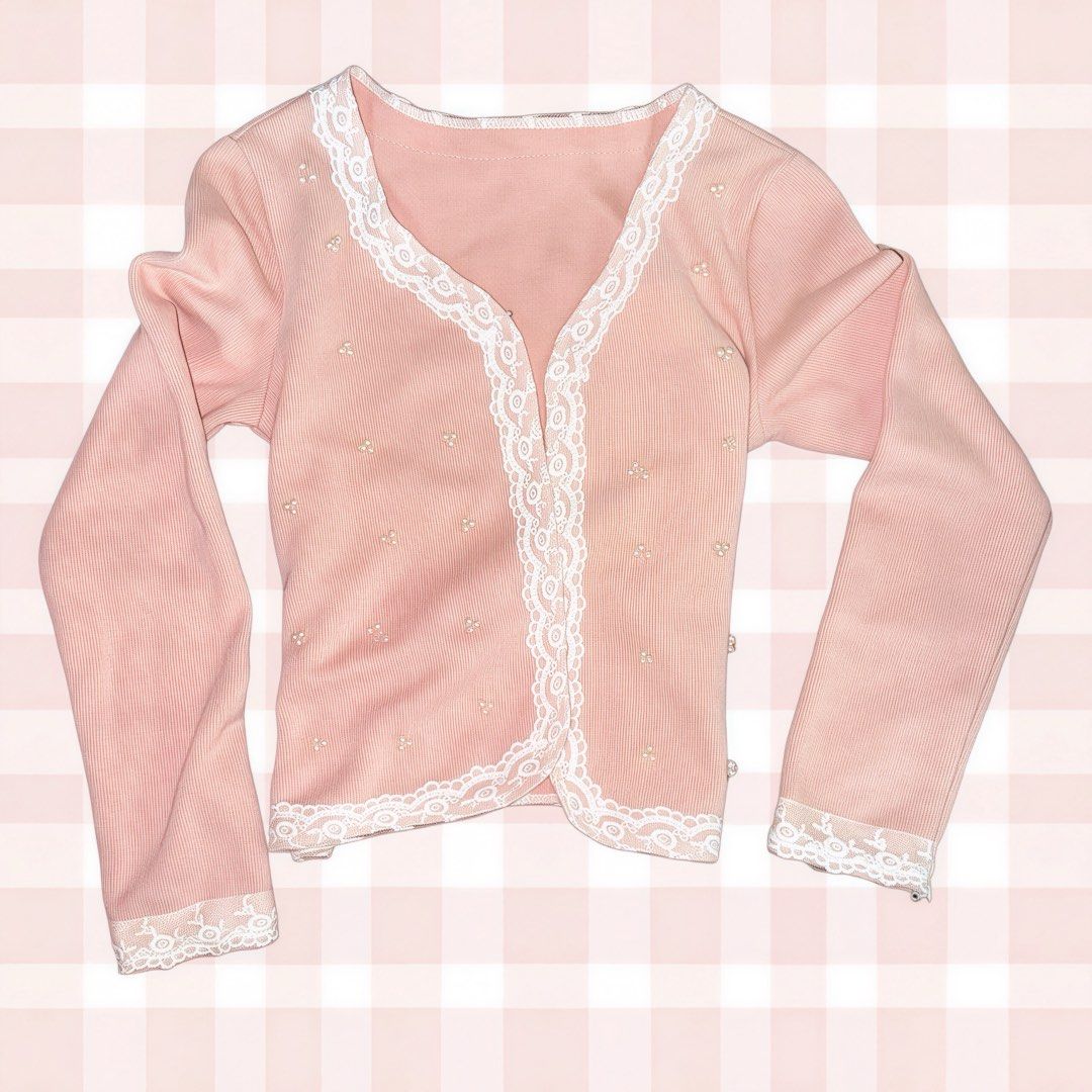 Pink Cardigan with Lace Trim (Category: Coats, Jackets and Outerwear) located in Manila. Submitted by aveileu (Listing ID 1423301593, Image 1). Description: Pretty pink cardigan with white lace trim, and pearl embellishments. Lightweight knit, perfect for layering. Pre-loved, not thrifted.