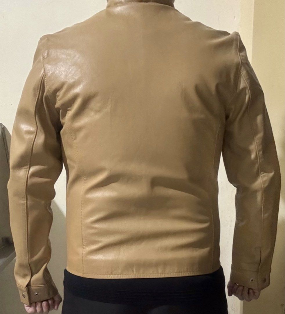 (S) Men's Tan Real Leather Jacket (Category: Coats, Jackets and Outerwear) located in Baguio. Submitted by db_clothing (Listing ID 1415598995, Image 3). Description: Real Leather Dimensions: Width: 19 inches Length: 23 inches Shoulder: 16 inches Sleeve: 23 inches.